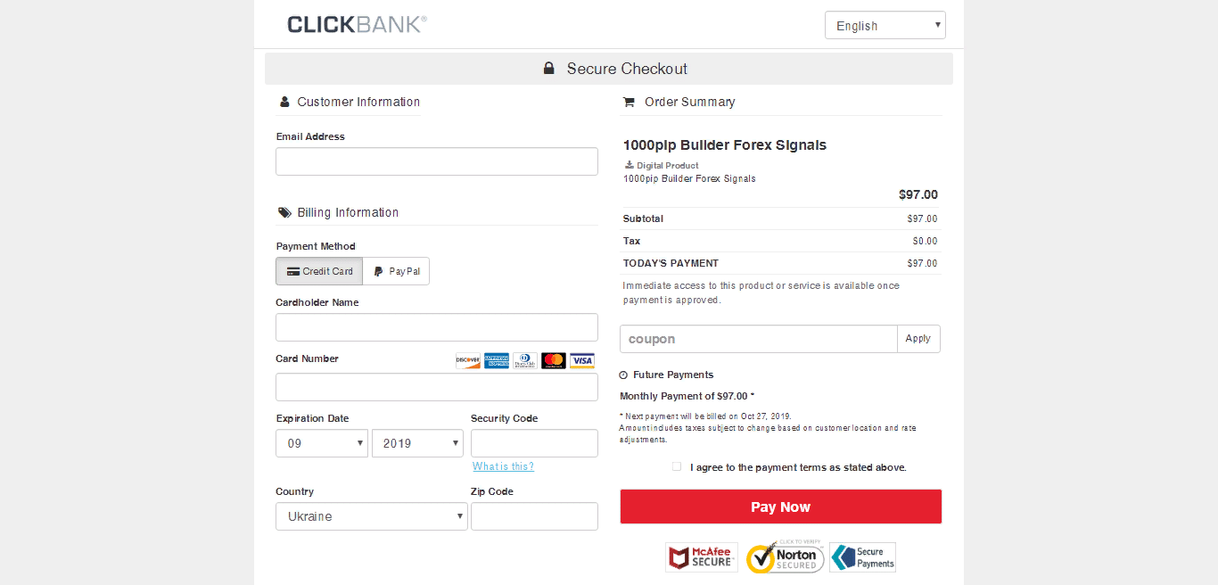 Signal payment form 1000pip Builder