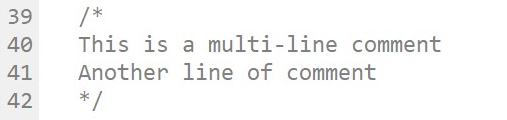 The multi-line comments block starts with slash and asterisk (line 39) and ends with asterisk slash (line 42).