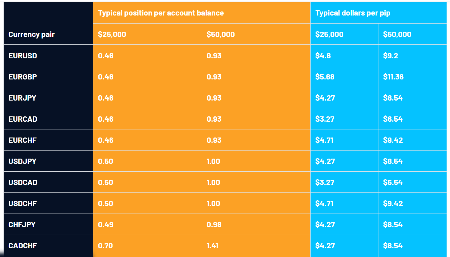 Position sizes respective to pairs available on the website are shown.