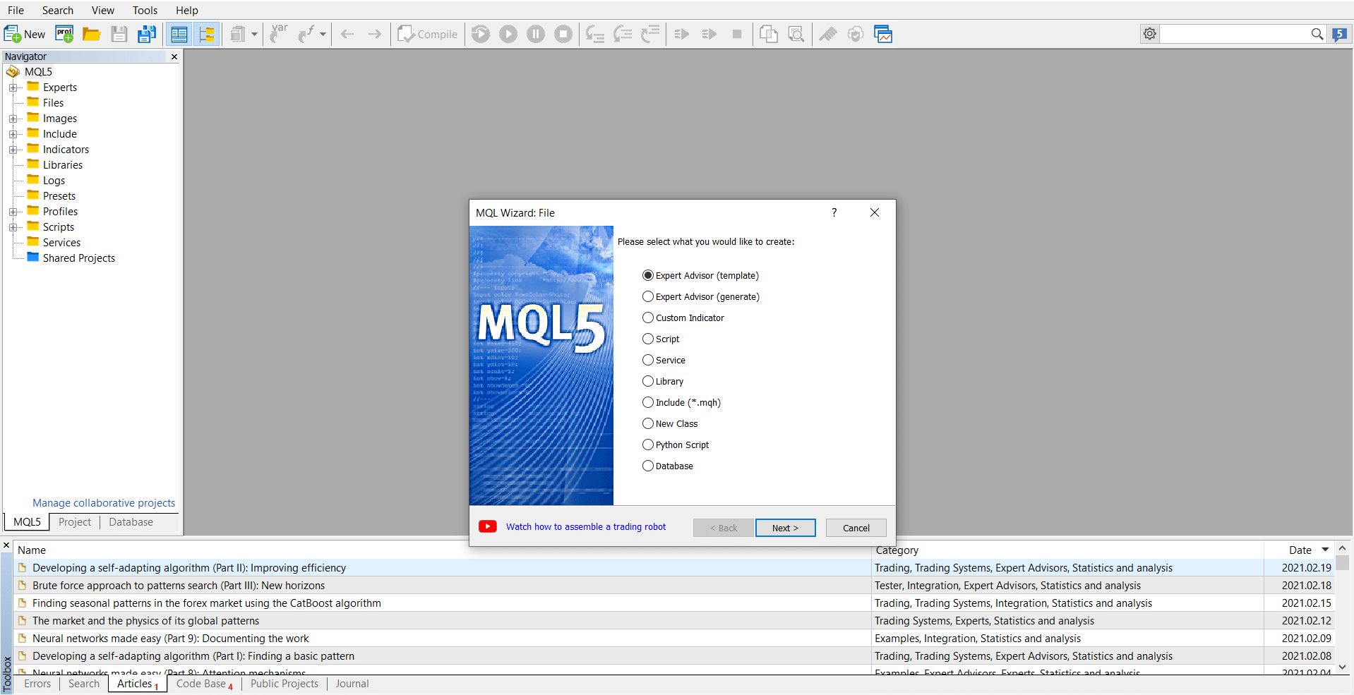 Generating a robot in MT5