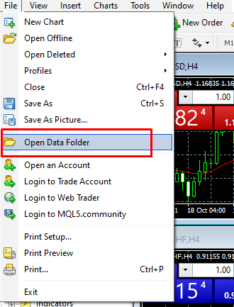 The illustration of a button “Open Data Folder” in MT4.