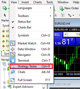 The illustration of the Strategy Tester button in MT4.