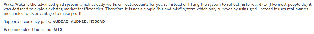 Strategy, currency pair, and timeframe of Waka Waka EA.