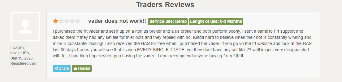 Customer review for Vader Forex Robot on Trustpilot.