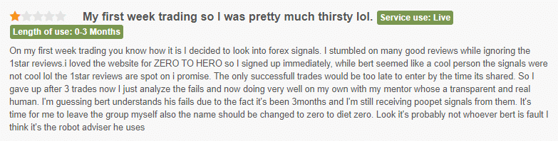 Negative user review of Zero to Hero FX Signals.