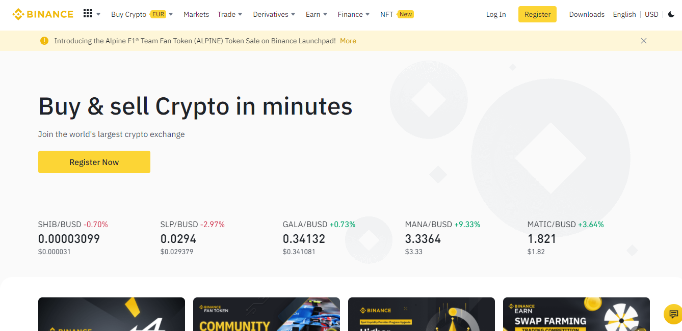 The Binance home page.