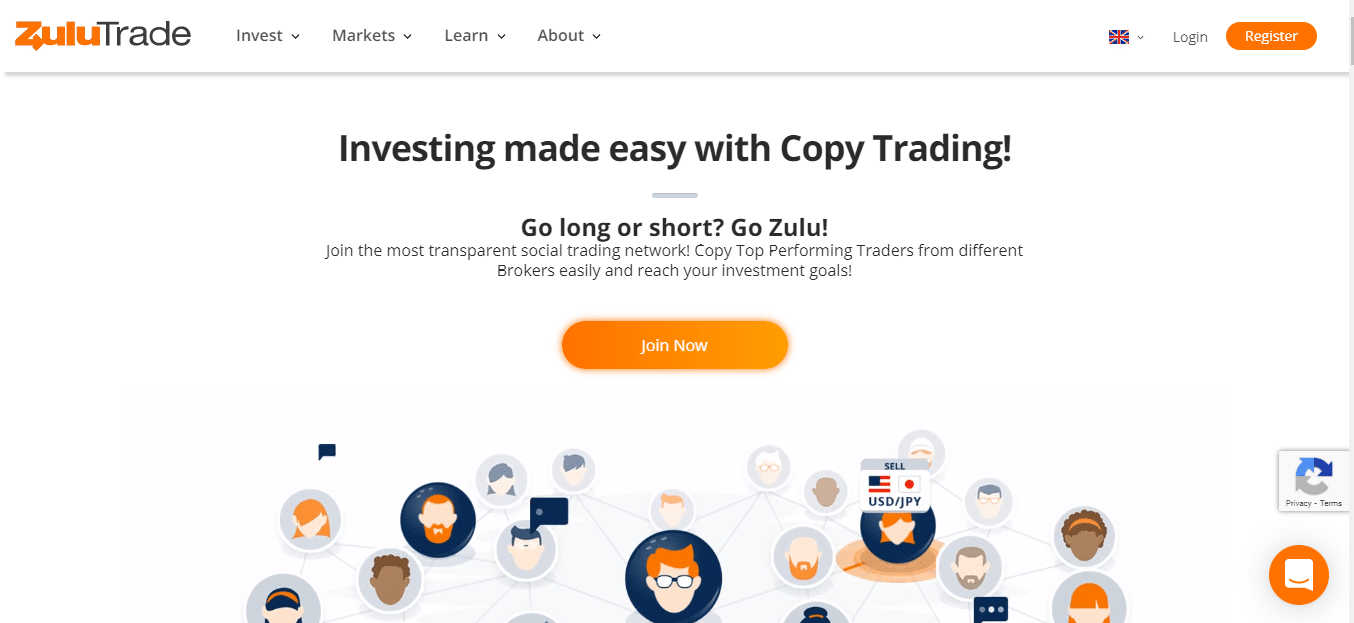 The ZuluTrade home page.