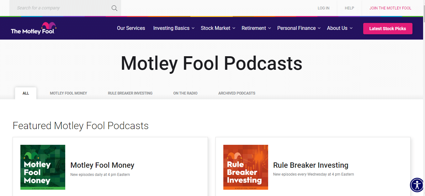The Motley Fool podcasts landing page.
