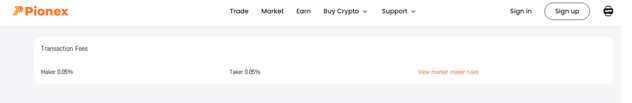 Screenshot showing maker and taker fees of Pionex on the official website.