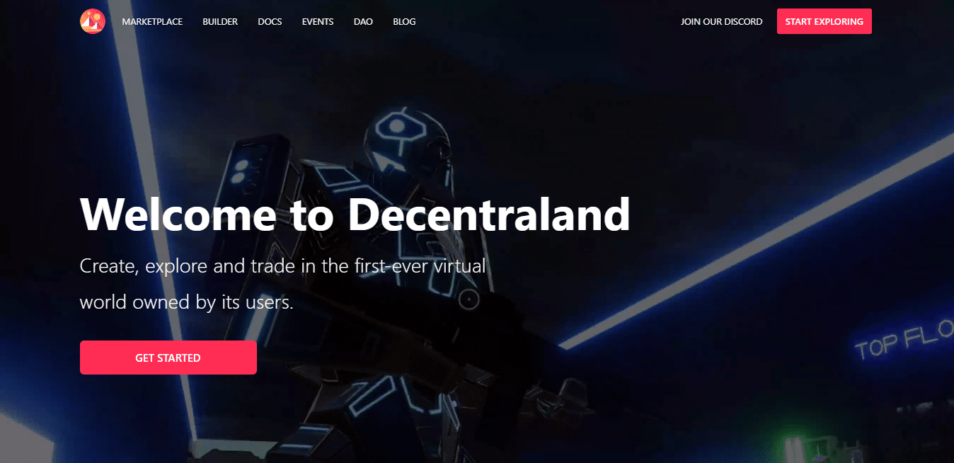 The Decentraland landing page.