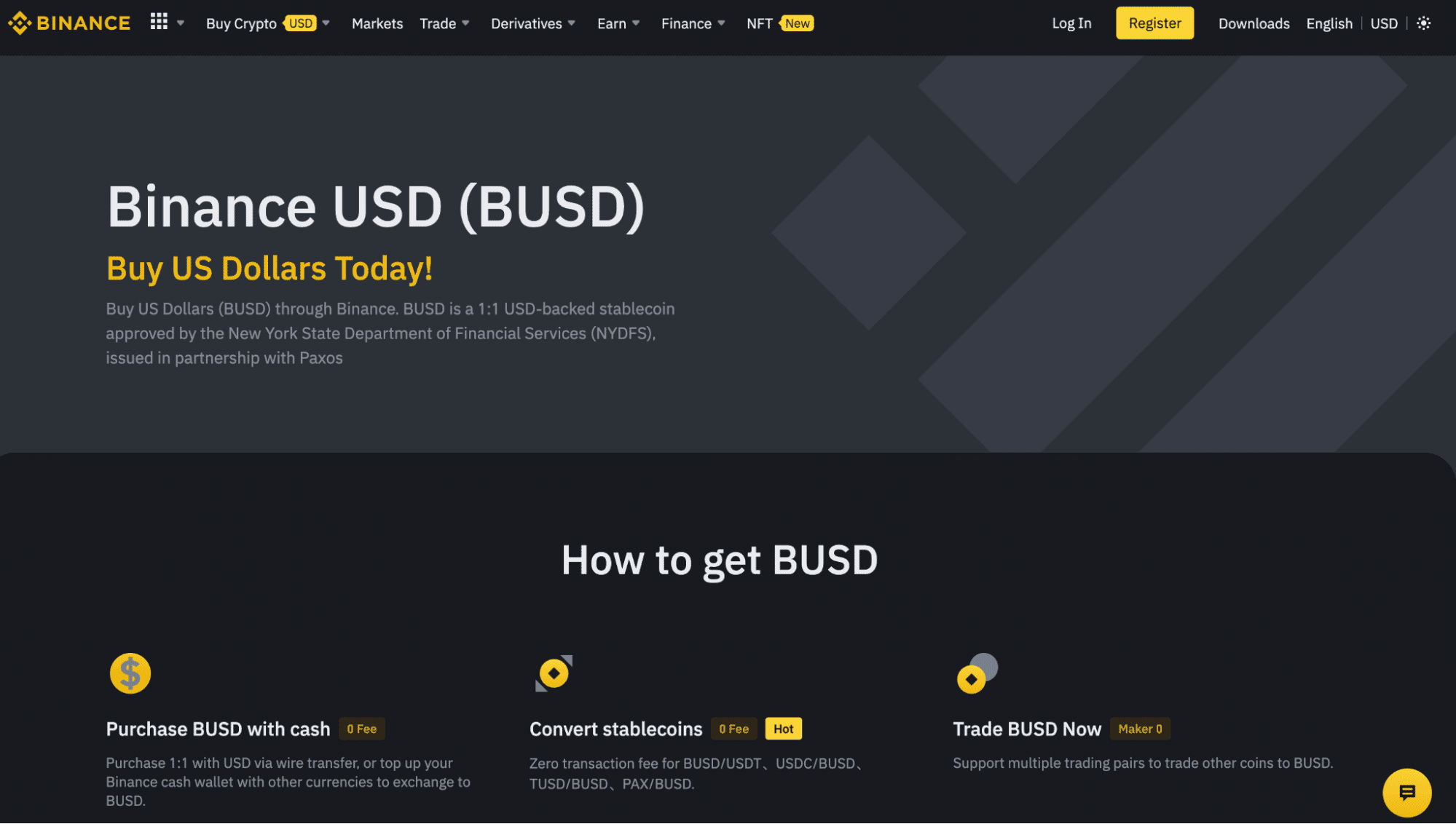 Binance USD’s homepage